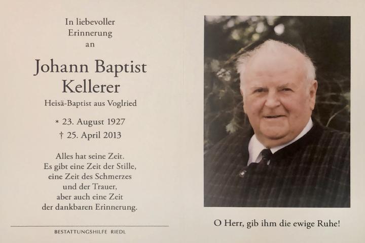 Kellerer Johann Baptist Sen, † 25.04.2013