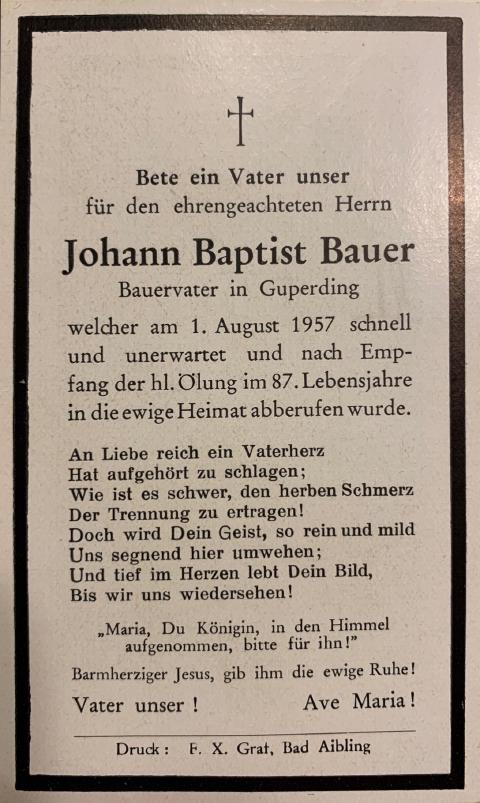 Bauer Johann Baptist, † 01.08.1957